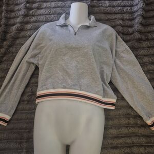 Gray Women's Zip Up Jacket with Striped Hem